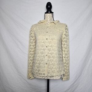 See U Soon Ivory Fan Pattern Lace Top - Romantic Boho Ruffle Blouse - Small